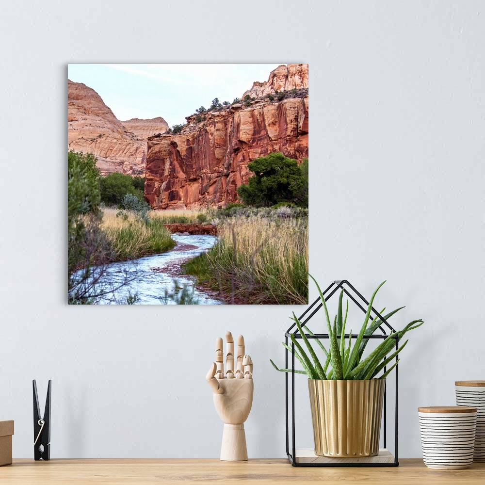 A bohemian room featuring The winding Fremont River along a trail at Capitol Reef National Park, Utah.