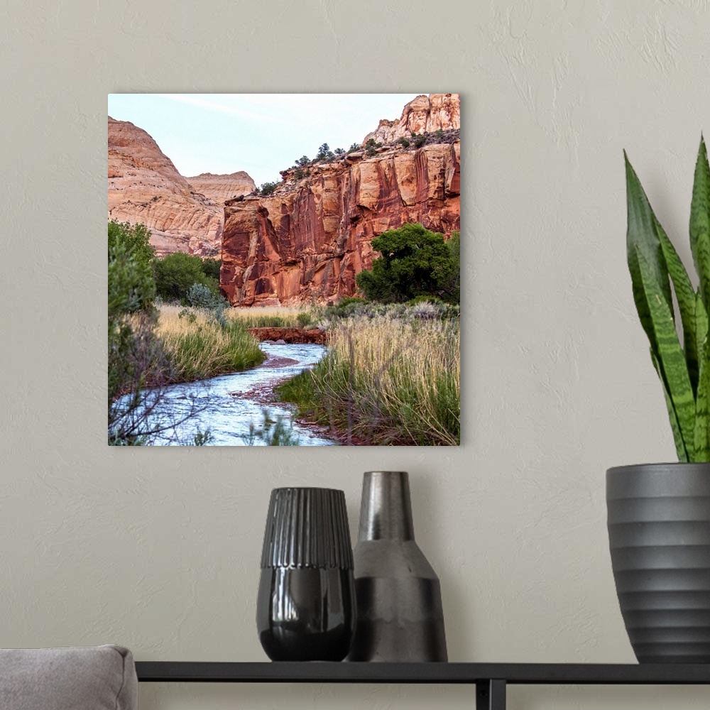 A modern room featuring The winding Fremont River along a trail at Capitol Reef National Park, Utah.