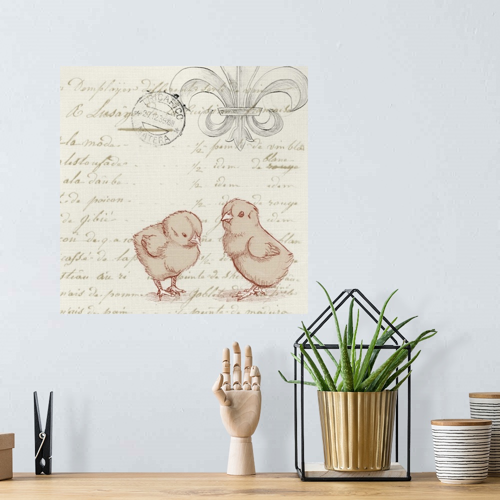 A bohemian room featuring Vintage style artwork of a two chicks over script text with a Fleur de Lis.