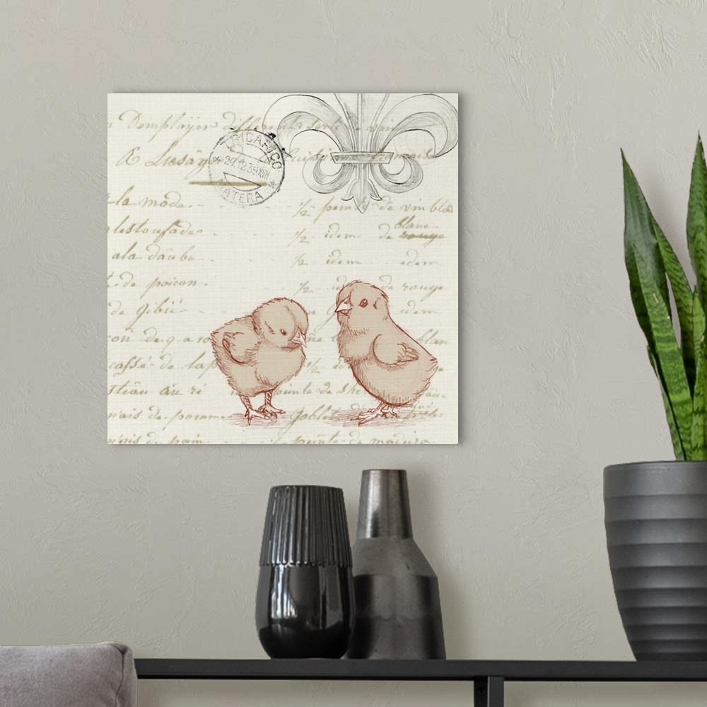 A modern room featuring Vintage style artwork of a two chicks over script text with a Fleur de Lis.