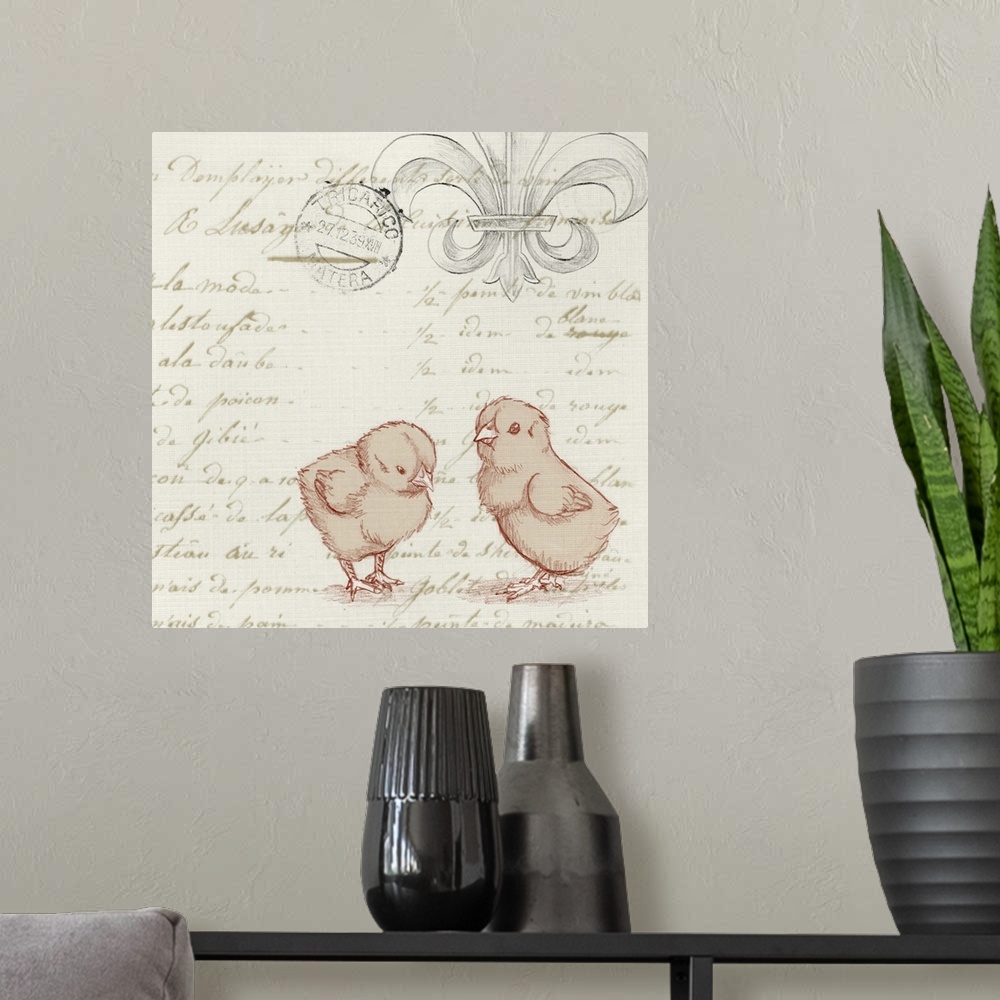 A modern room featuring Vintage style artwork of a two chicks over script text with a Fleur de Lis.