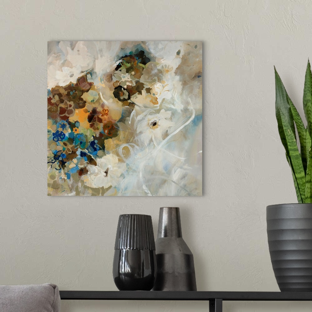 A modern room featuring Large painting of assorted flower blossoms in mostly neutral tones with a rough texture.