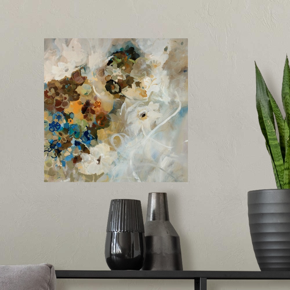 A modern room featuring Large painting of assorted flower blossoms in mostly neutral tones with a rough texture.