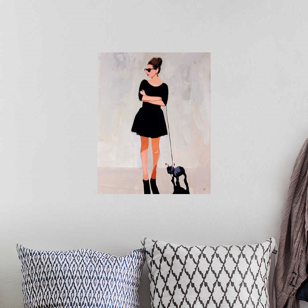 A bohemian room featuring Contemporary portrait of a fashionable woman walking her French bulldog in front of a neutral bac...
