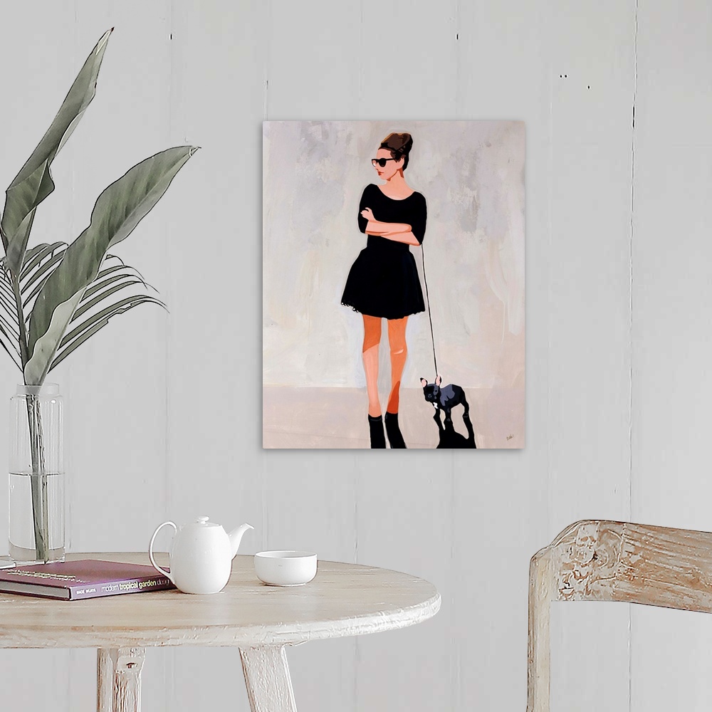 A farmhouse room featuring Contemporary portrait of a fashionable woman walking her French bulldog in front of a neutral bac...