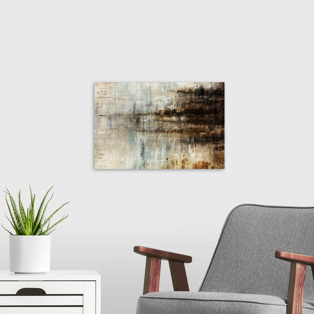A modern room featuring Abstracted painting of frequency lines in neutral shades from cream to dark brown.