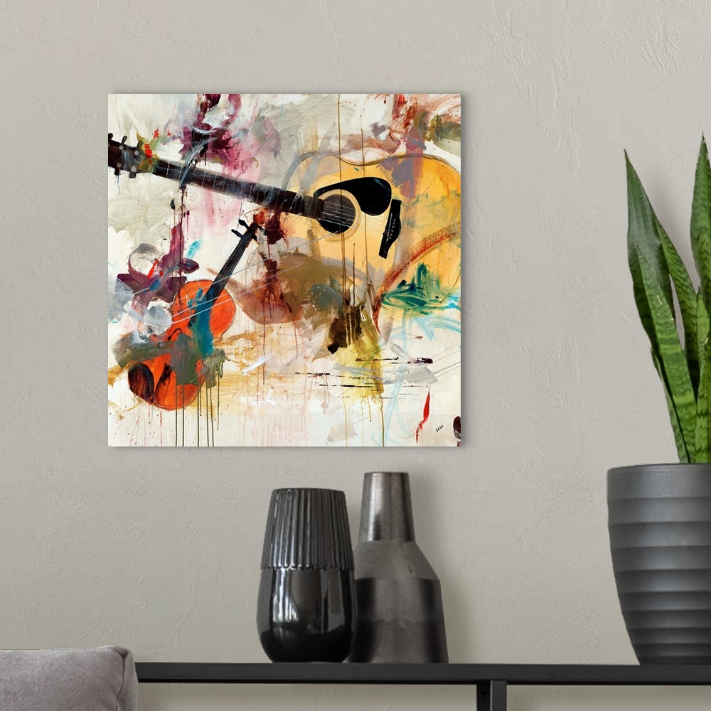A modern room featuring Contemporary artwork of instruments with splashes of color painted over them.