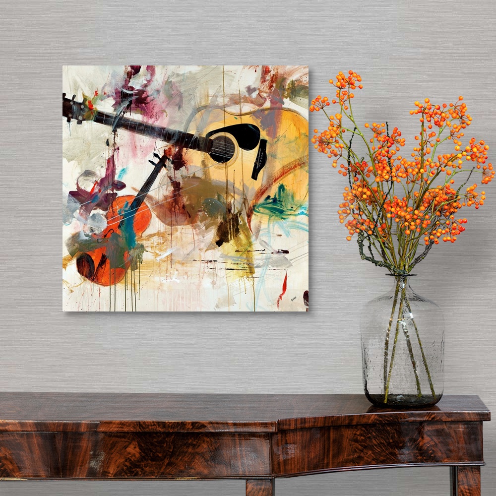 A traditional room featuring Contemporary artwork of instruments with splashes of color painted over them.