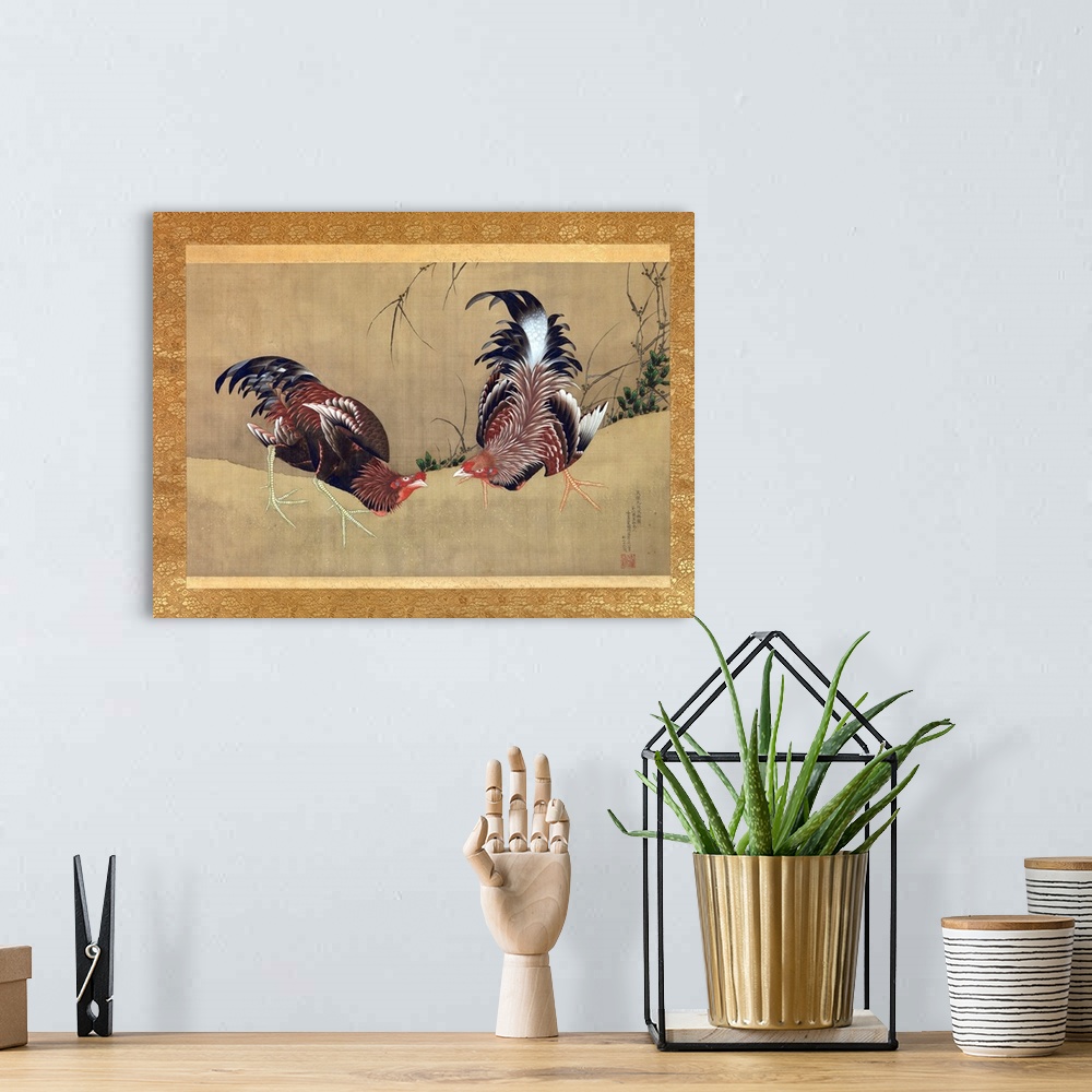 A bohemian room featuring The bantam cock on the right aggressively faces off with his companion to the left as it eyes us,...