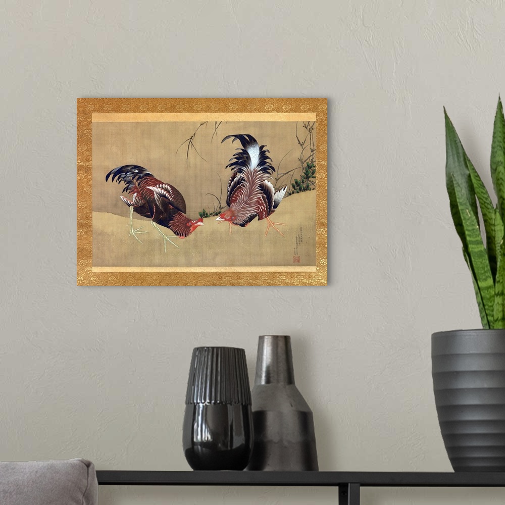 A modern room featuring The bantam cock on the right aggressively faces off with his companion to the left as it eyes us,...