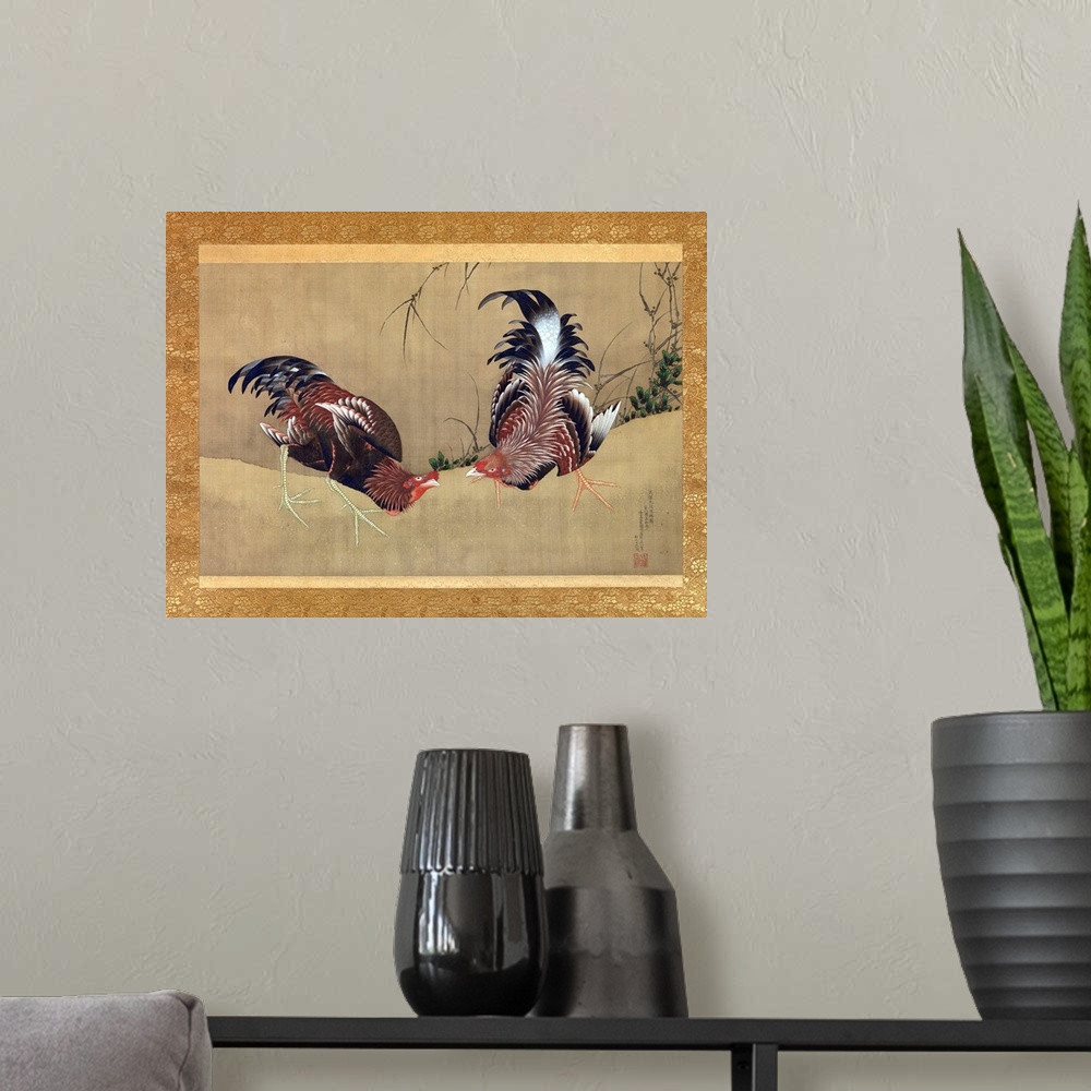 A modern room featuring The bantam cock on the right aggressively faces off with his companion to the left as it eyes us,...