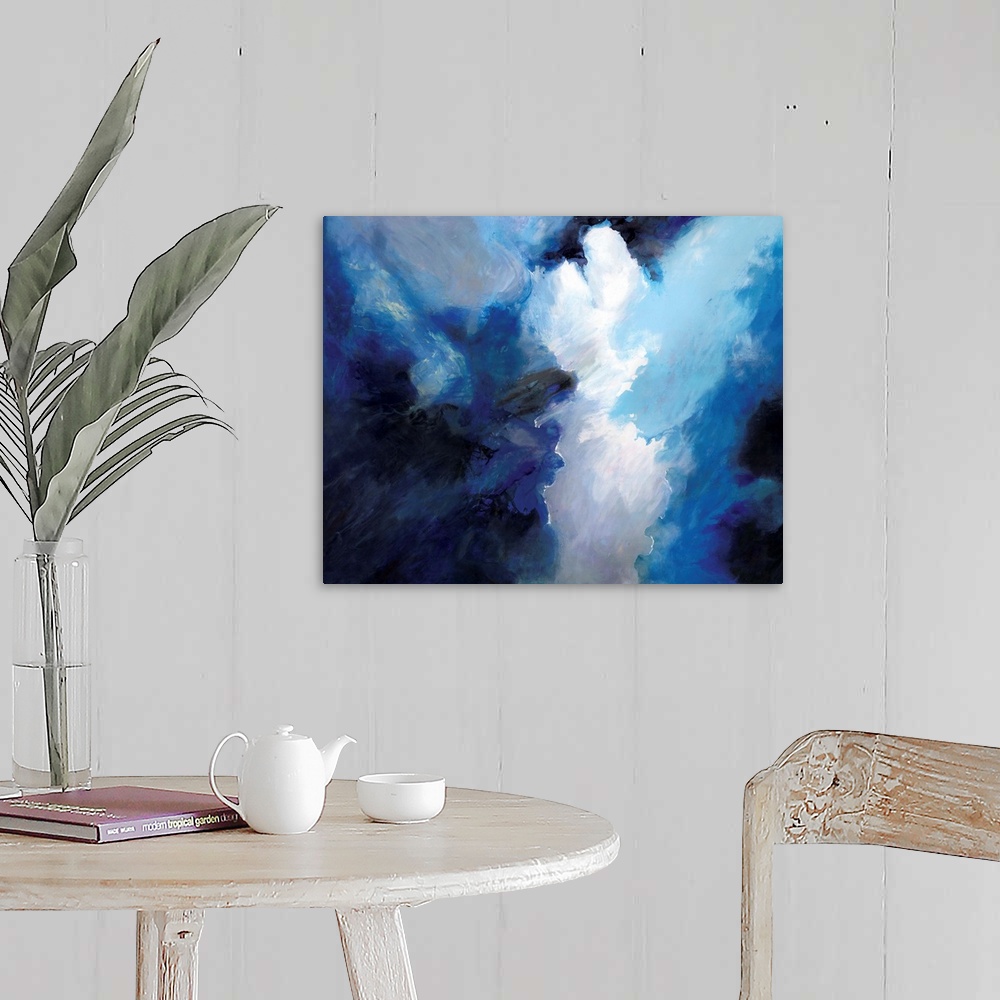A farmhouse room featuring Contemporary abstract artwork resembling dark clouds before a storm.