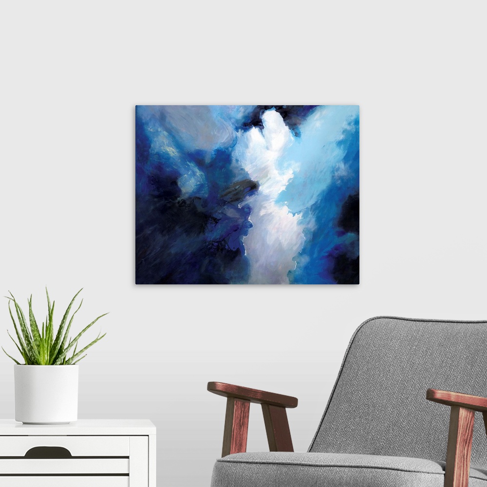 A modern room featuring Contemporary abstract artwork resembling dark clouds before a storm.