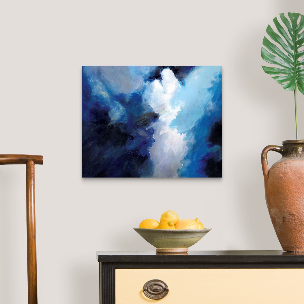 A traditional room featuring Contemporary abstract artwork resembling dark clouds before a storm.