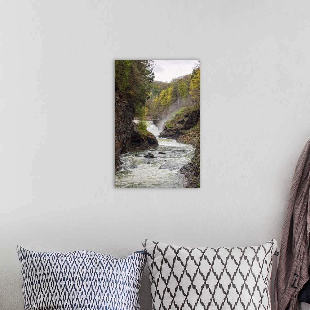 A bohemian room featuring Landscape photograph of the Genesee River rushing through Letchworth State Park with a waterfall ...