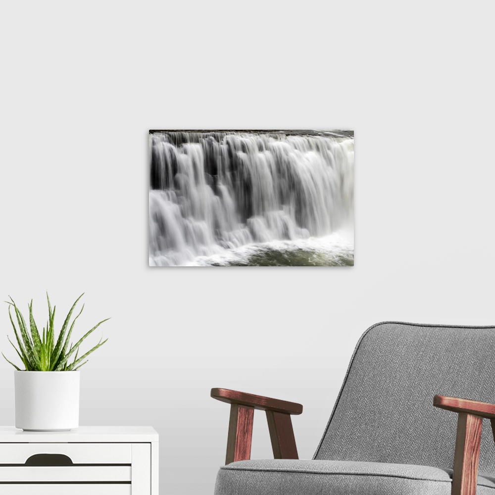 A modern room featuring Photograph of a waterfall from the Genesee River in Letchworth State Park, NY.
