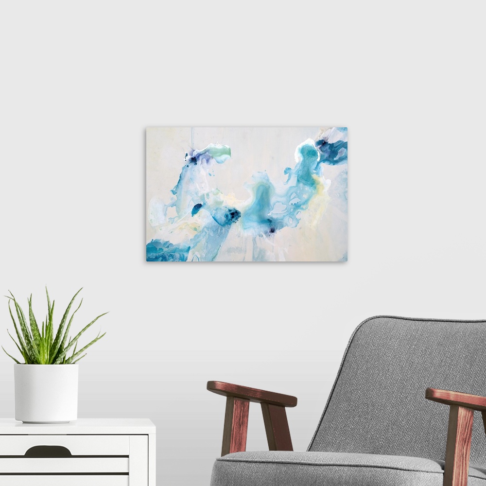 A modern room featuring Contemporary art of swirling cool tones that resemble dye dropped in water, on a light, neutral b...