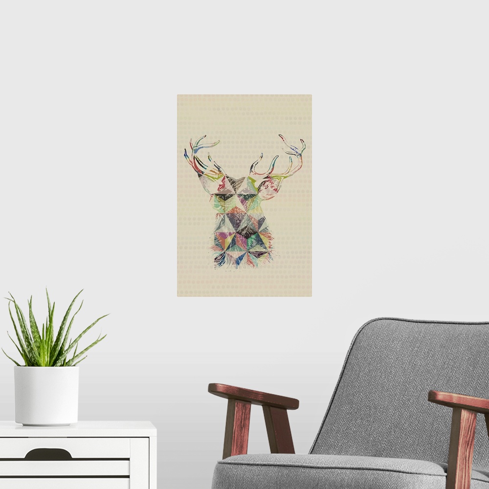 A modern room featuring A vintage sketch drawing of a deer  with triangular geometric colored pencil accents.