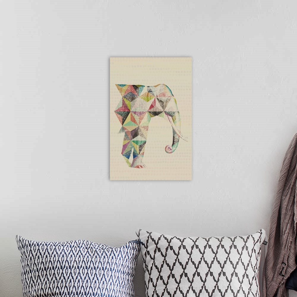 A bohemian room featuring A vintage sketch drawing of an elephant with triangular geometric colored pencil accents.