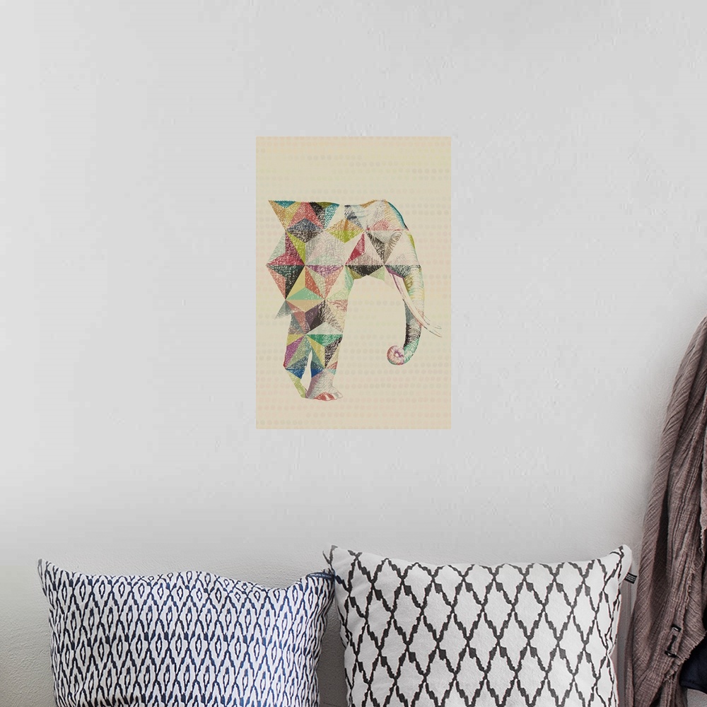 A bohemian room featuring A vintage sketch drawing of an elephant with triangular geometric colored pencil accents.