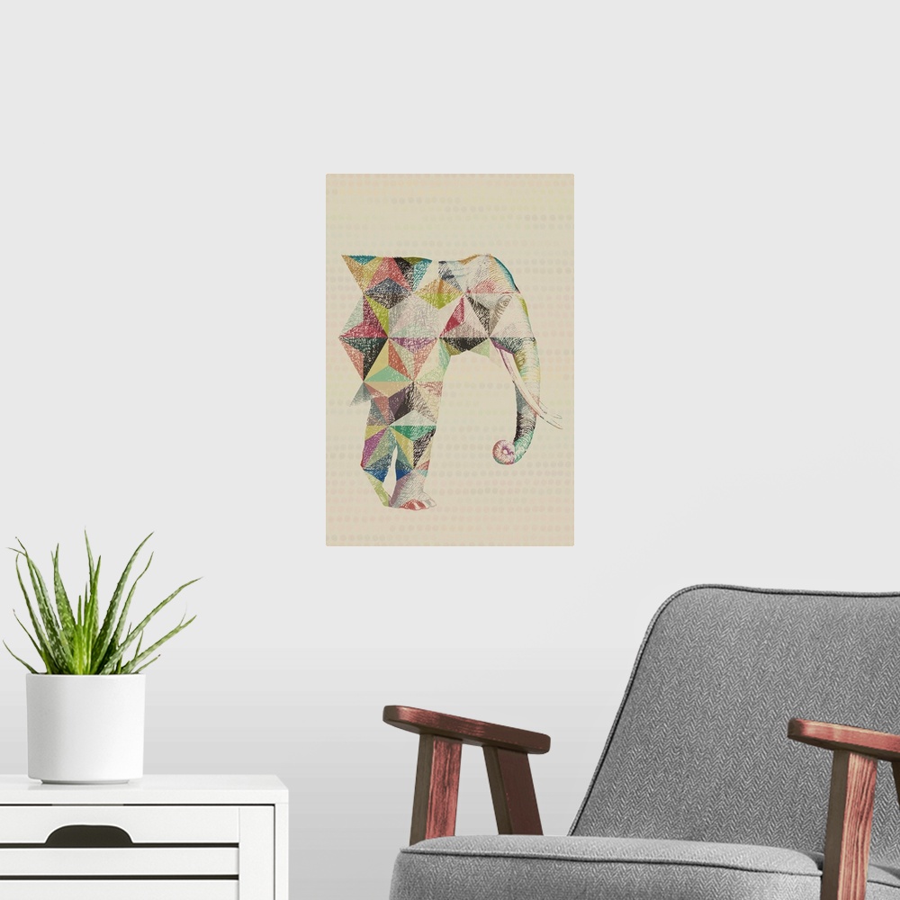 A modern room featuring A vintage sketch drawing of an elephant with triangular geometric colored pencil accents.