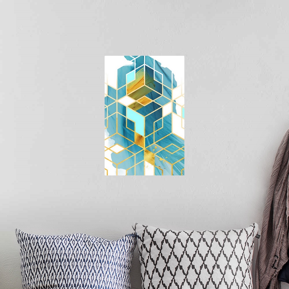 A bohemian room featuring Geometric artwork in shades of blue and yellow with a golden diamond pattern.