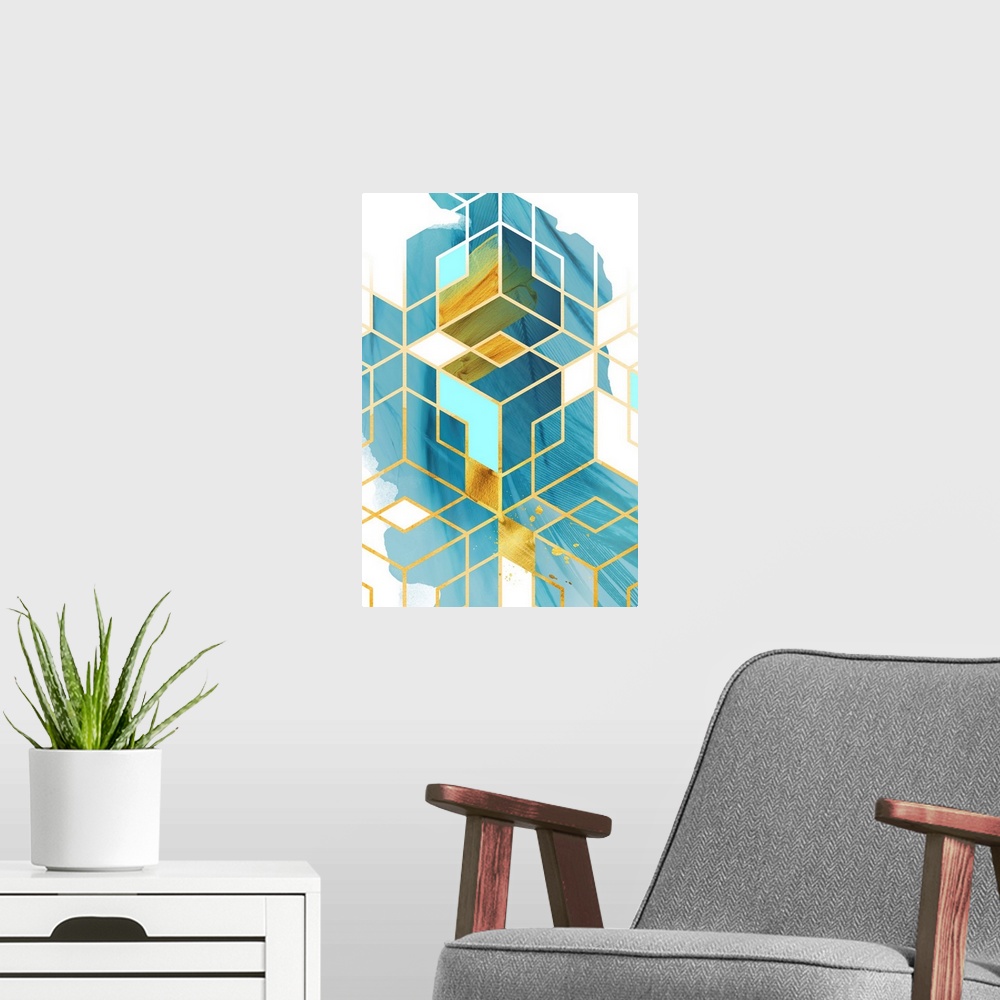 A modern room featuring Geometric artwork in shades of blue and yellow with a golden diamond pattern.