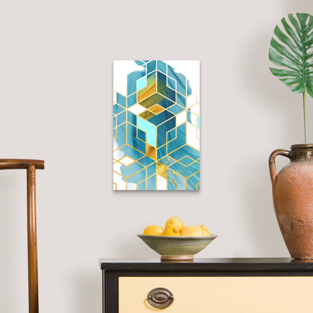 A traditional room featuring Geometric artwork in shades of blue and yellow with a golden diamond pattern.