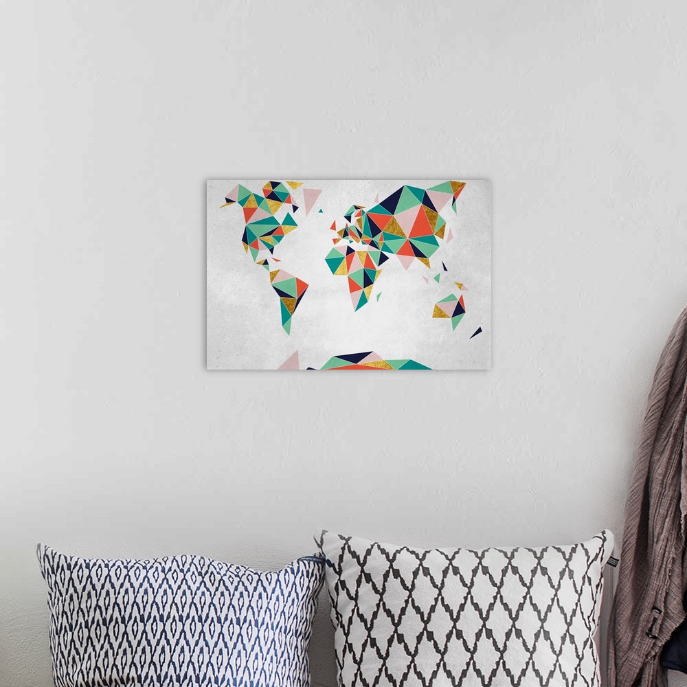 A bohemian room featuring Large geometric abstract illustrated map of the World.