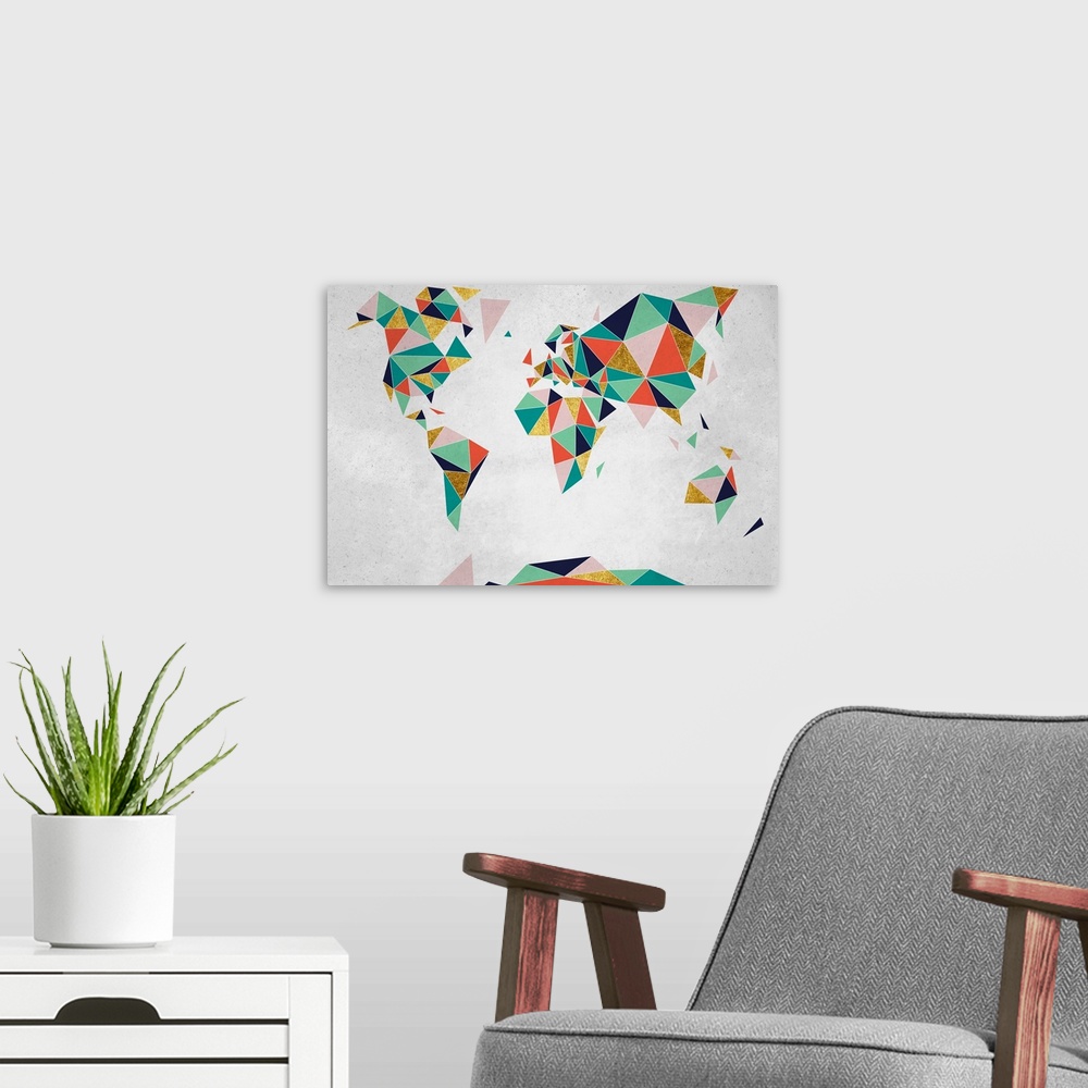 A modern room featuring Large geometric abstract illustrated map of the World.