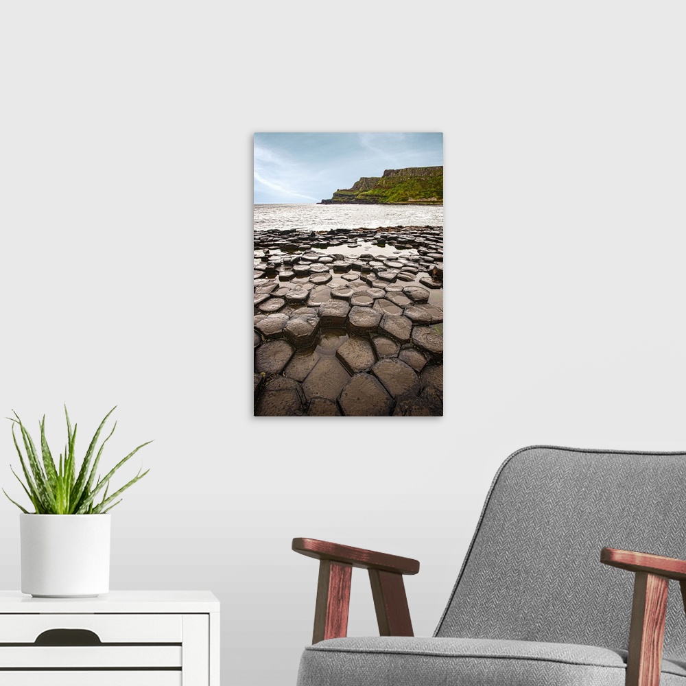 A modern room featuring Landscape photograph of the basalt columns on Giant's Causeway with rocky cliffs and the Atlantic...