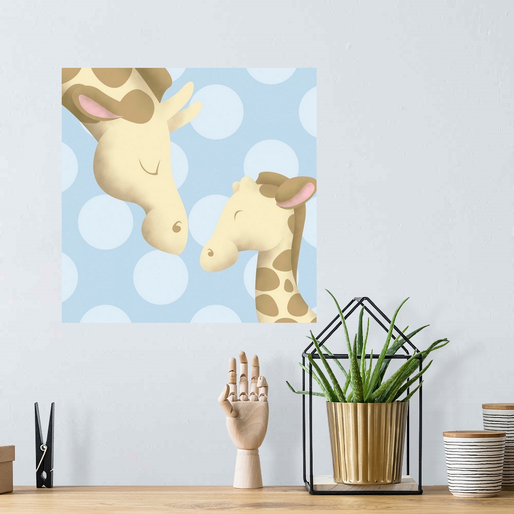 A bohemian room featuring Nursery art of a mother giraffe and her baby on a blue polka-dot background.