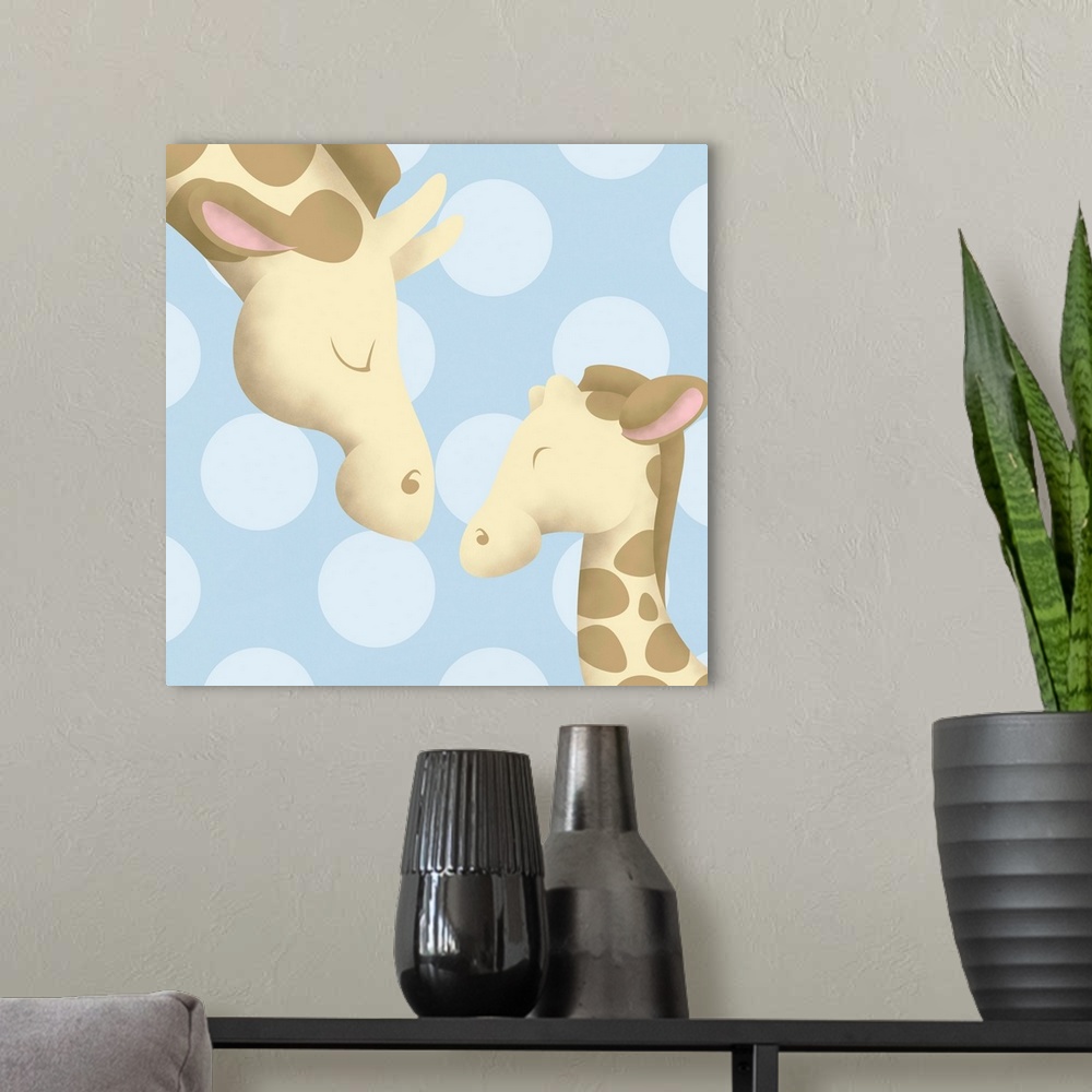 A modern room featuring Nursery art of a mother giraffe and her baby on a blue polka-dot background.