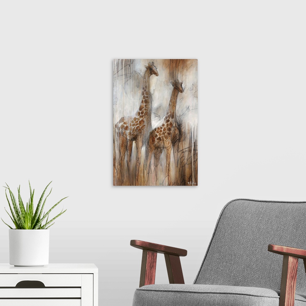 A modern room featuring Illustrative painting of two giraffes done in varying shades of grayish-brown.