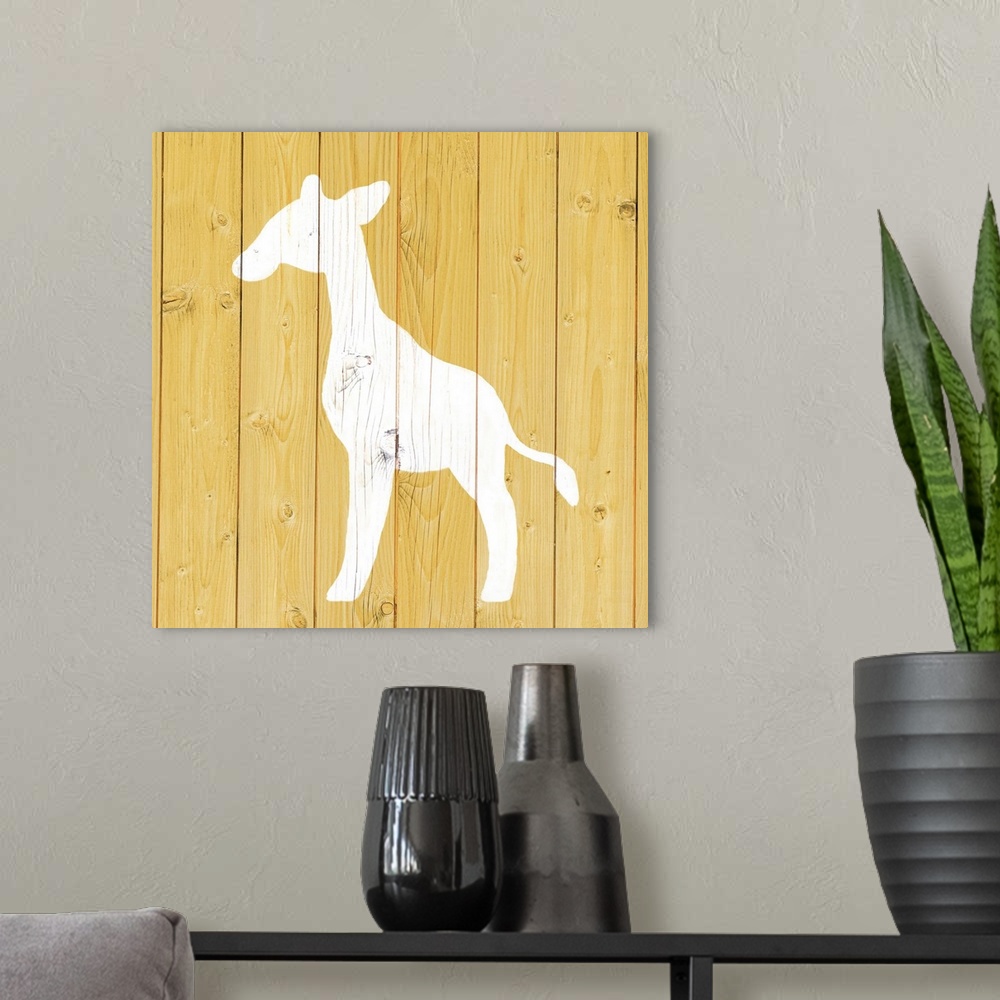 A modern room featuring Nursery art of a giraffe outline painted on a yellow board background.