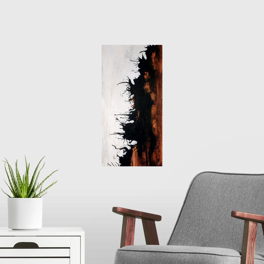 A modern room featuring Vertical abstract painting of earth toned brushstrokes on the right with curved lines on the outs...