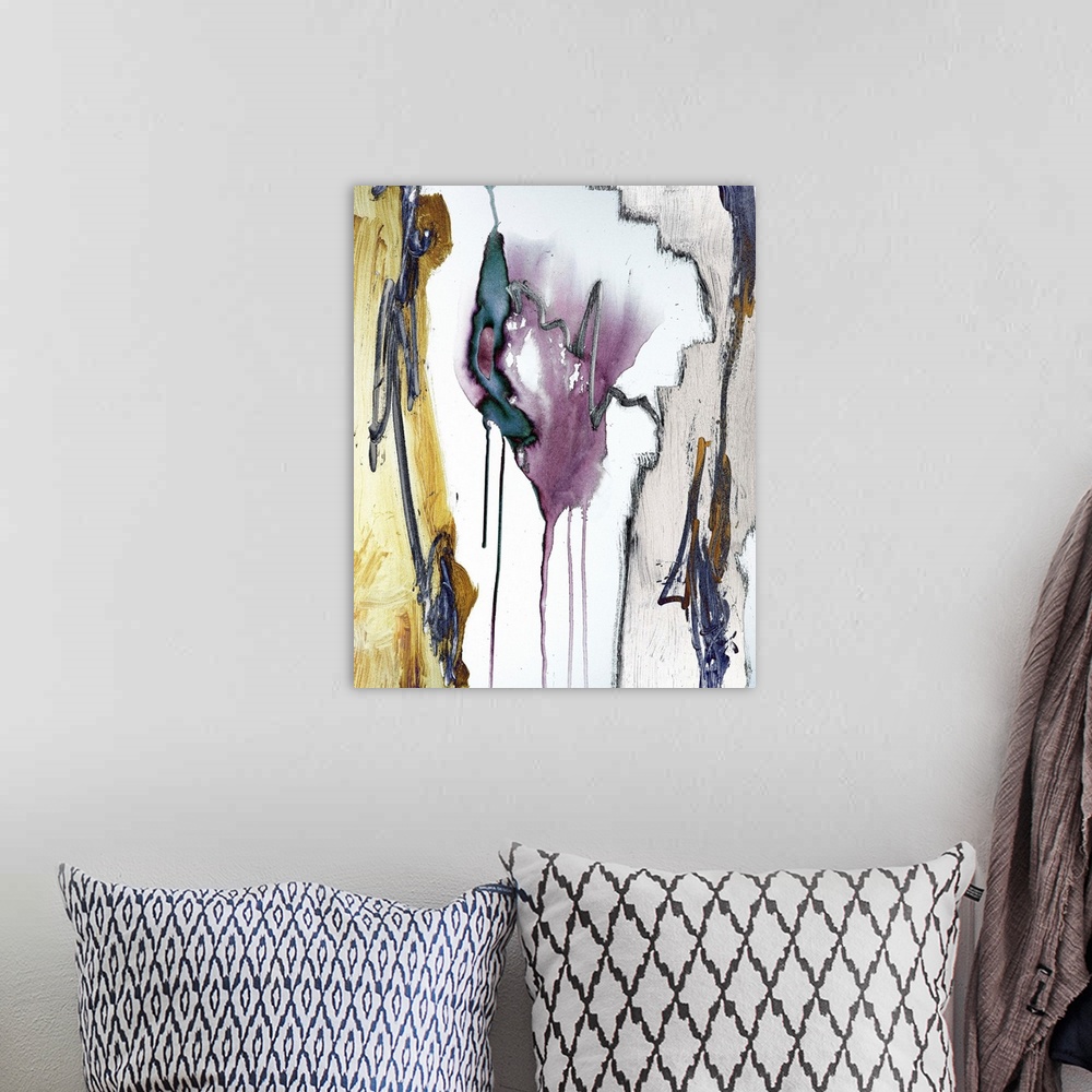A bohemian room featuring Abstract painting in textured colors of yellow, purple and gray with outlines of black and vertic...
