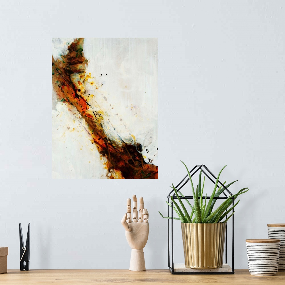 A bohemian room featuring Abstract painting of dark brown, orange and yelllow brushstrokes and paint splatters dividing the...