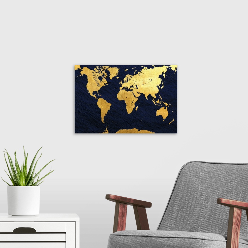 A modern room featuring Gold and navy map of the World.