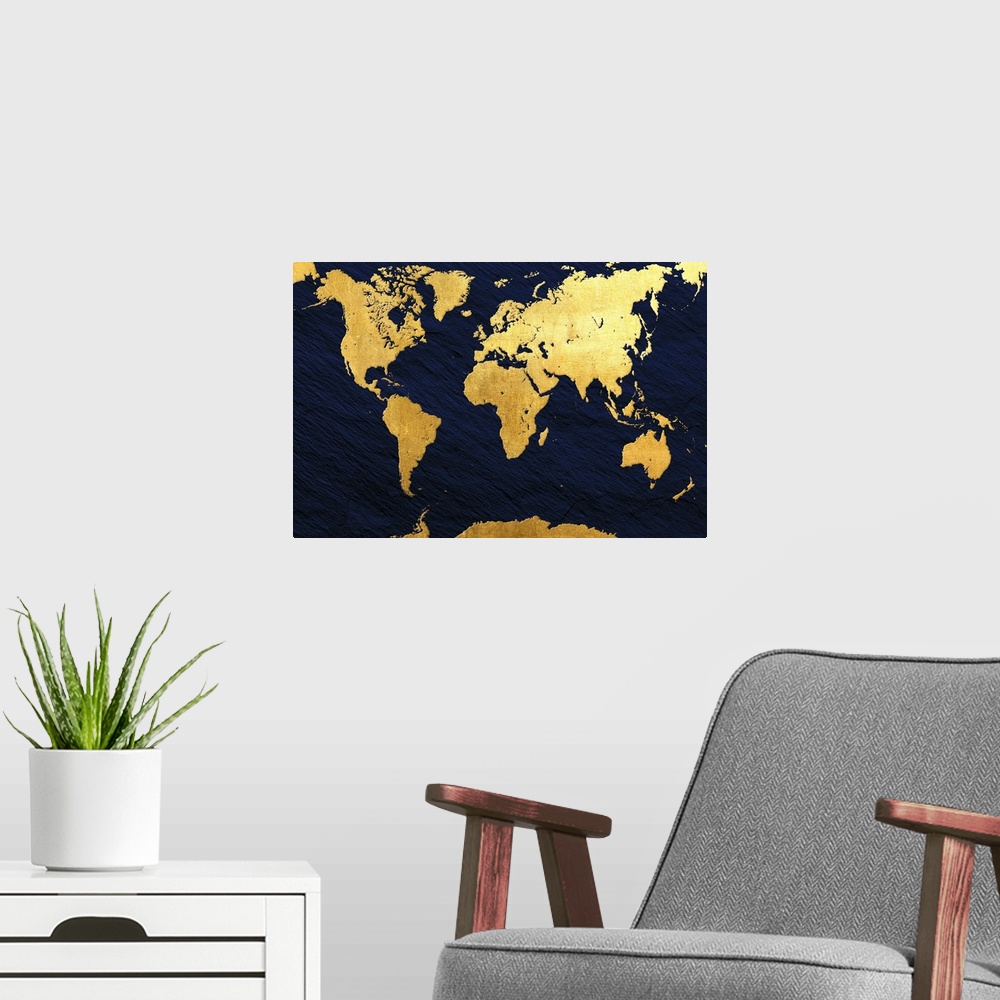 A modern room featuring Gold and navy map of the World.