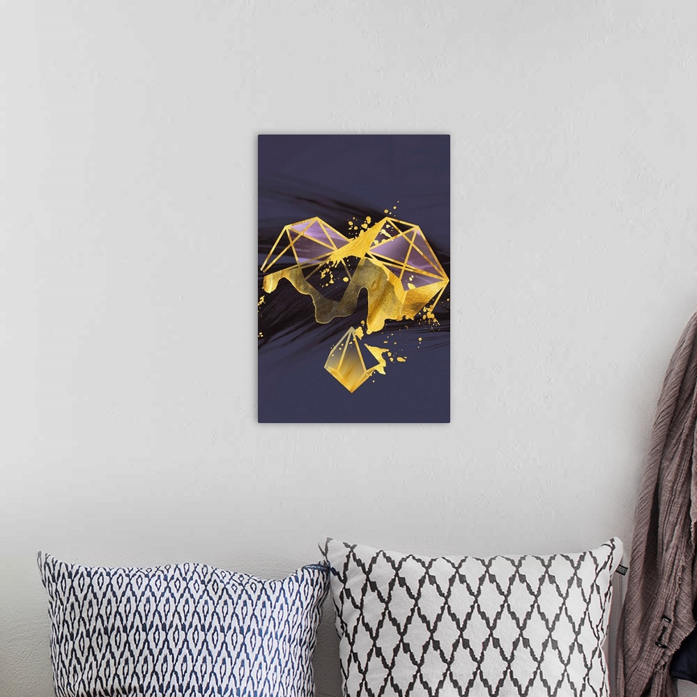 A bohemian room featuring Geometric artwork in shades of purple with golden edges on a background of dark navy blue feathers.