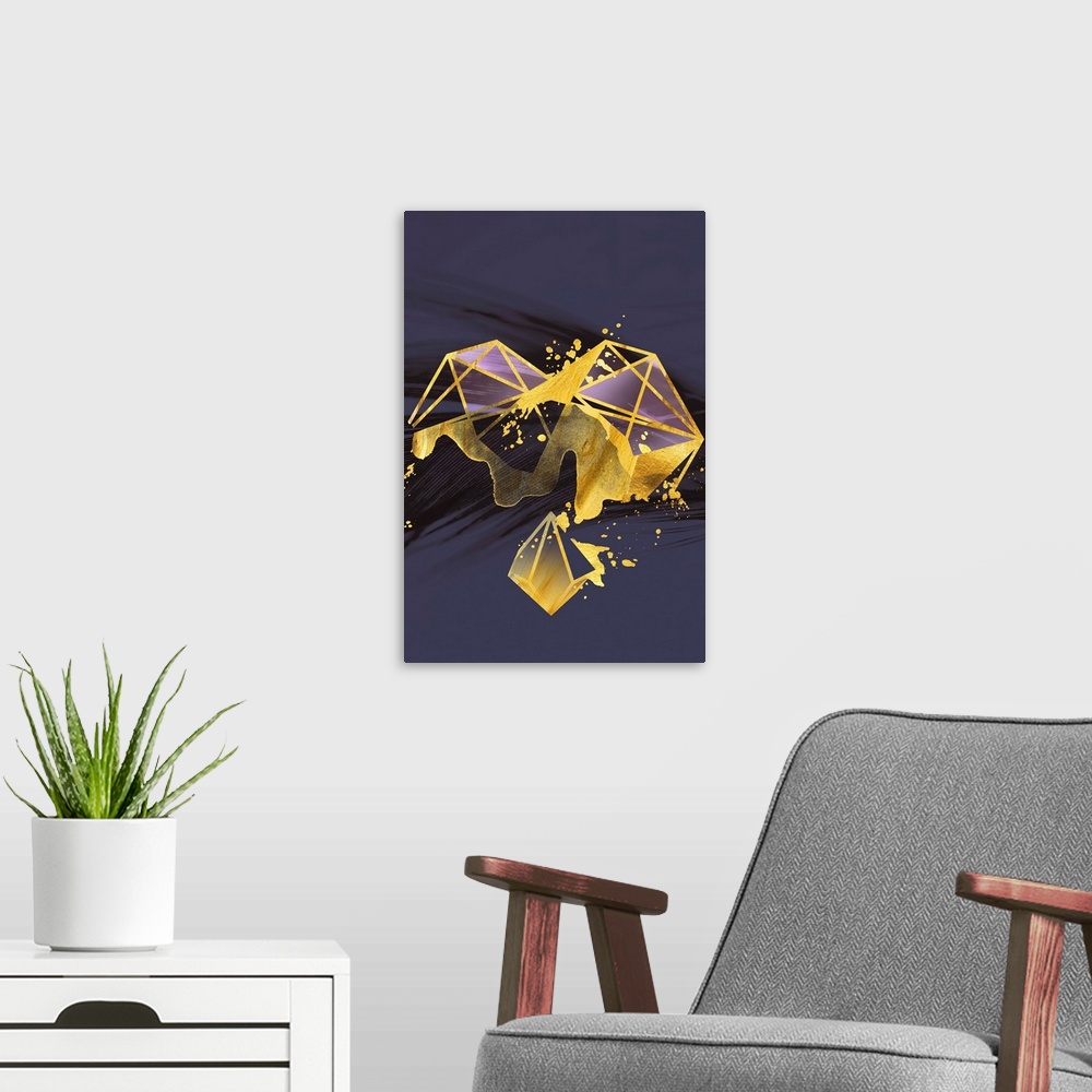A modern room featuring Geometric artwork in shades of purple with golden edges on a background of dark navy blue feathers.