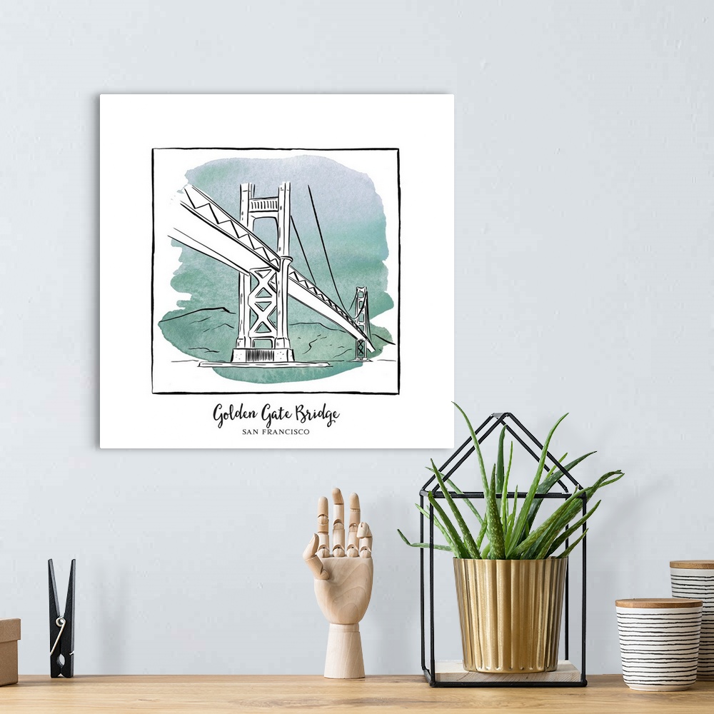A bohemian room featuring An ink illustration of the Golden Gate Bridge in San Francisco, California, with a teal watercolo...