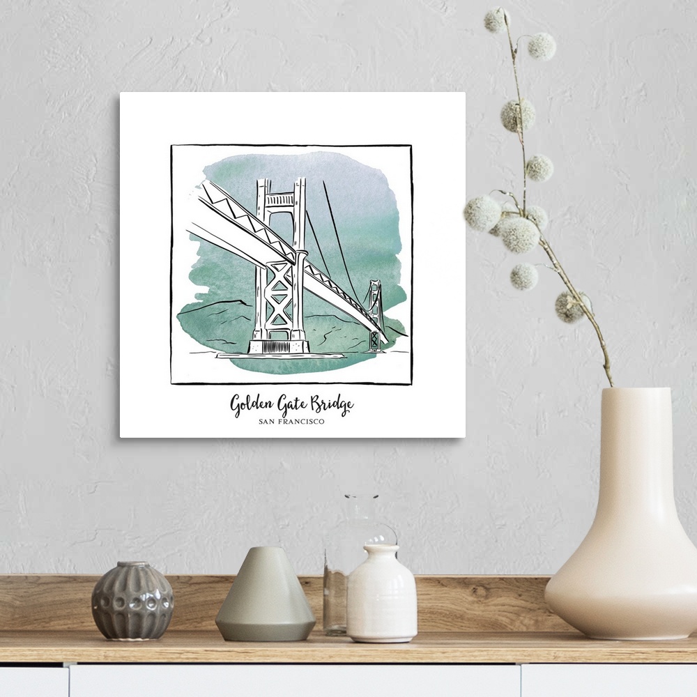 A farmhouse room featuring An ink illustration of the Golden Gate Bridge in San Francisco, California, with a teal watercolo...