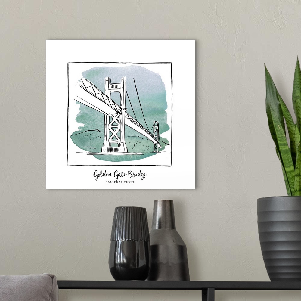 A modern room featuring An ink illustration of the Golden Gate Bridge in San Francisco, California, with a teal watercolo...