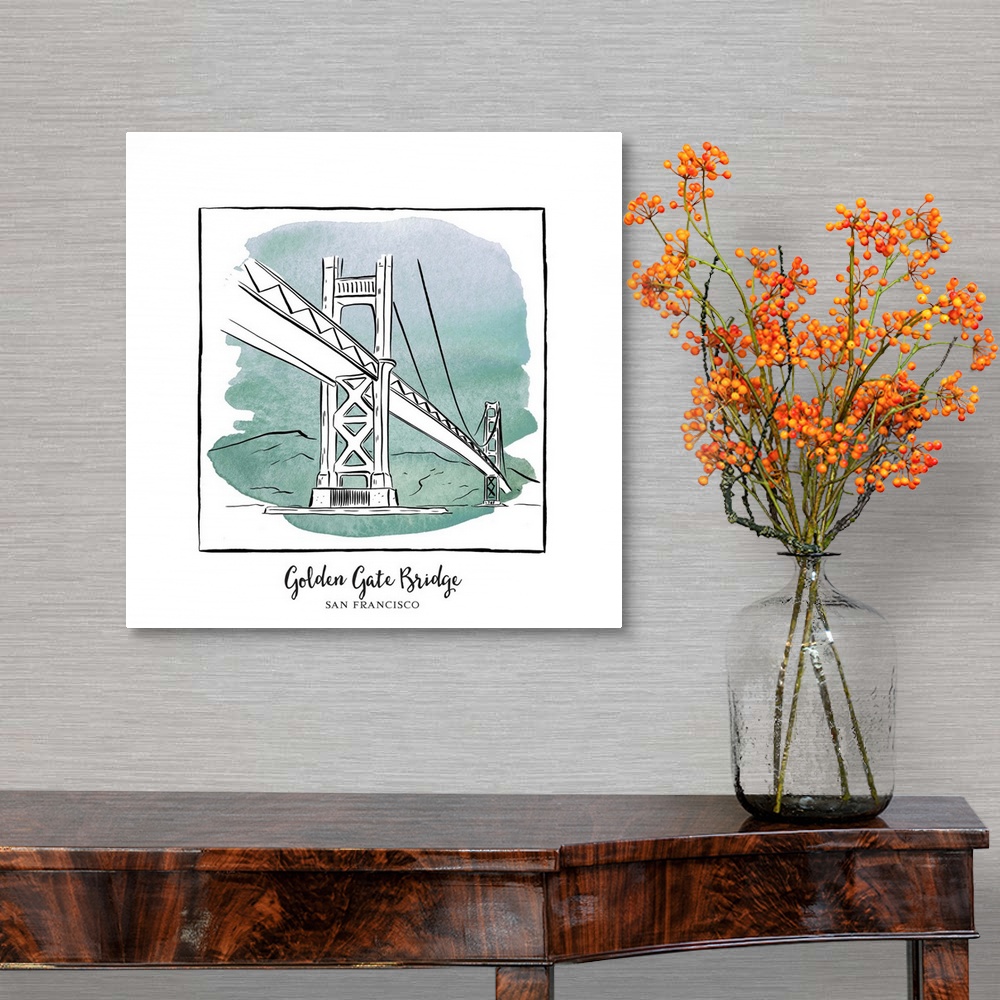 A traditional room featuring An ink illustration of the Golden Gate Bridge in San Francisco, California, with a teal watercolo...