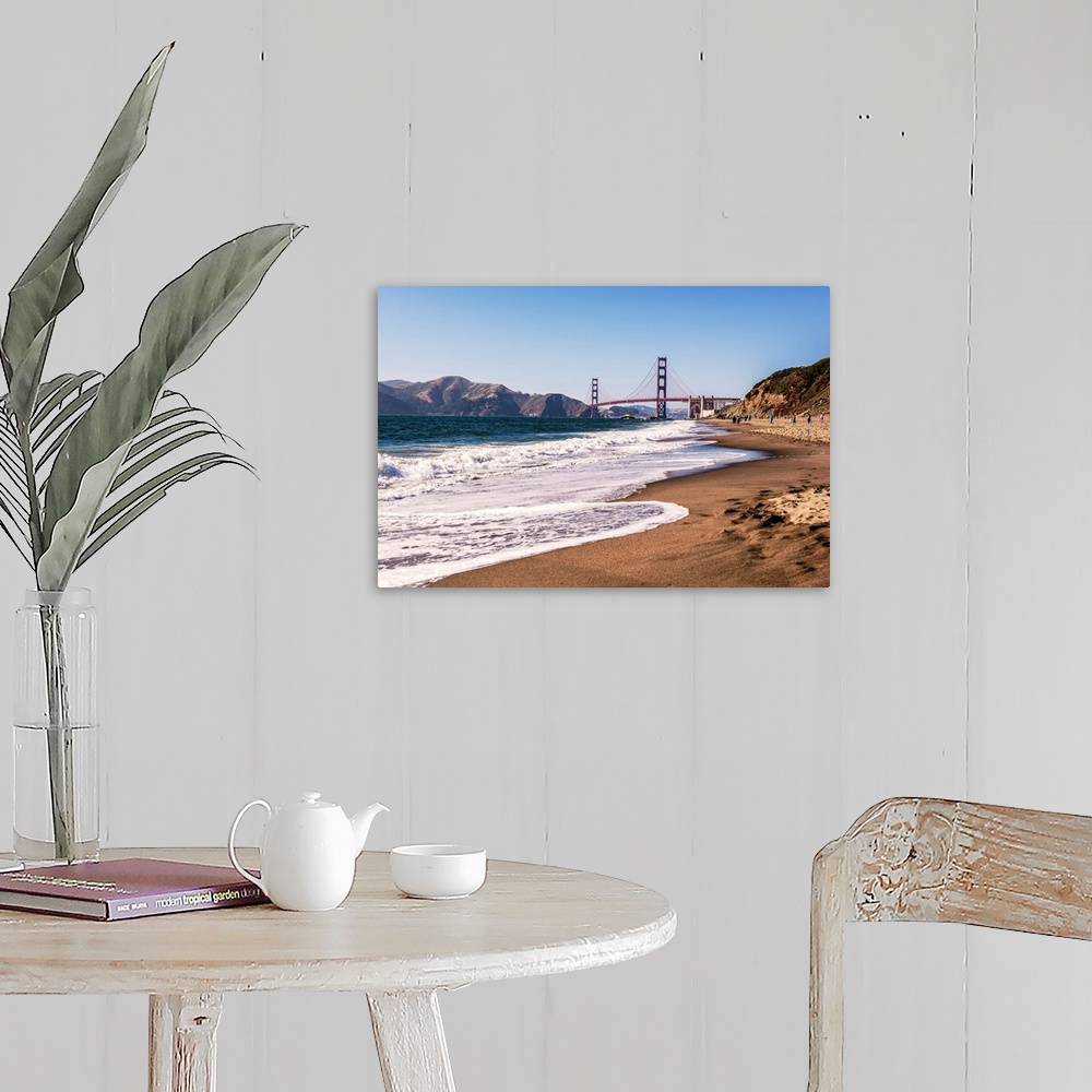 A farmhouse room featuring Landscape photograph of a view of the Golden Gate Bridge from the pacific coast.
