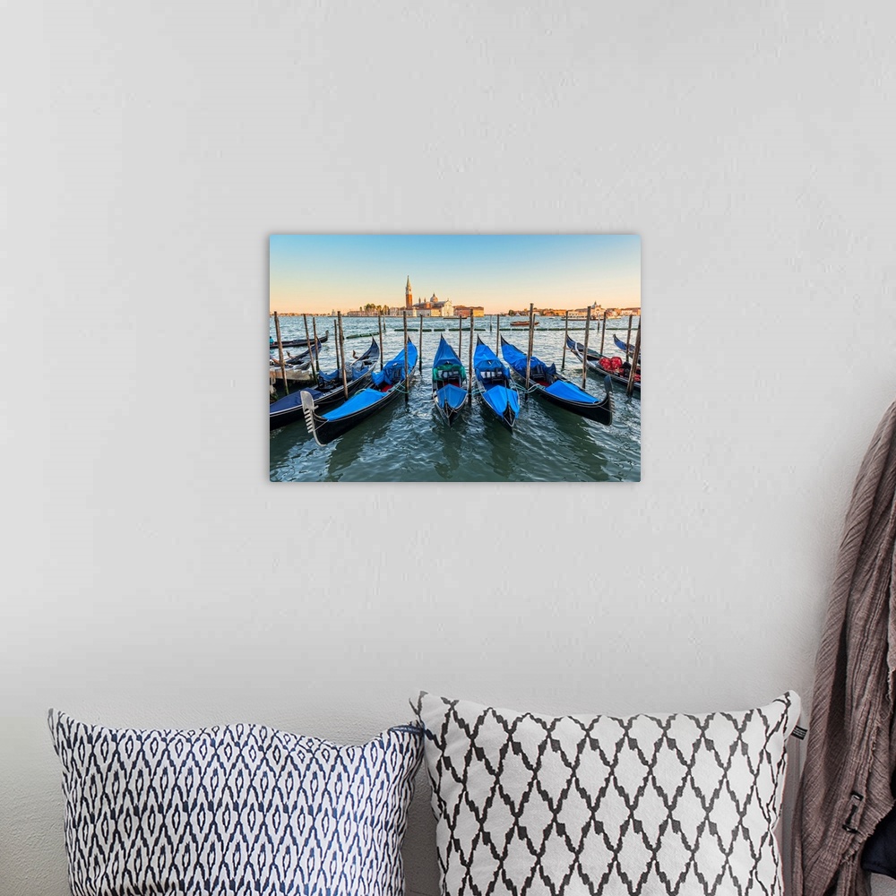 A bohemian room featuring Photograph of a row of docked gondolas with St. Mark's Square (Piazza San Marco) in the backgroun...