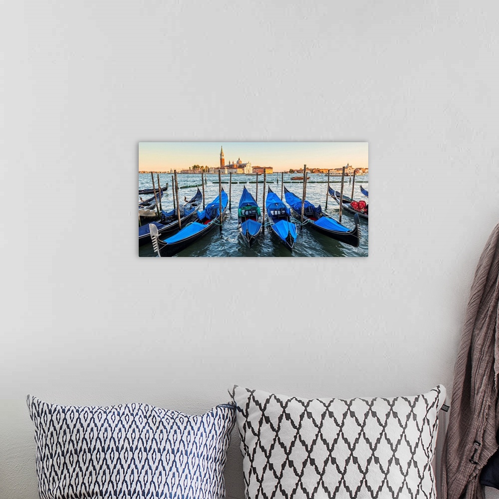 A bohemian room featuring Photograph of a row of docked gondolas with St. Mark's Square (Piazza San Marco) in the backgroun...