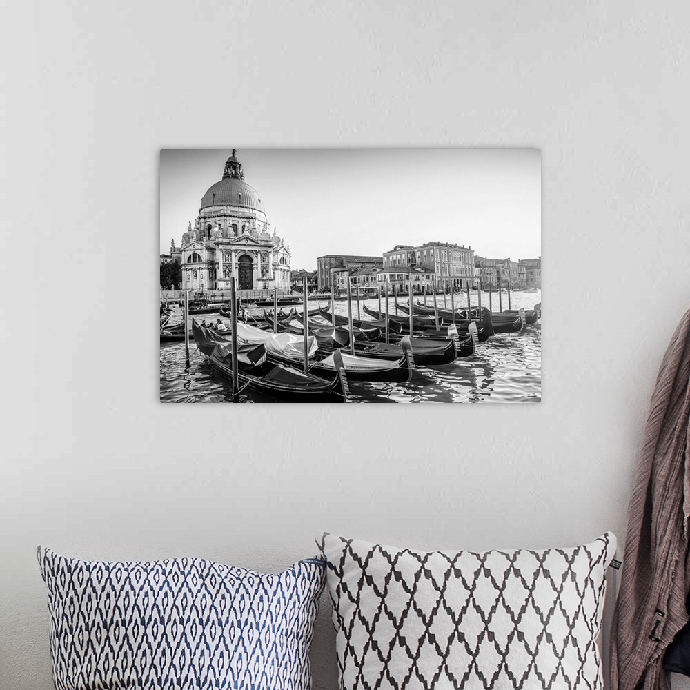 A bohemian room featuring Photograph of gondolas lined up in a row in front of Santa Maria della Salute, Venice, Italy, Eur...